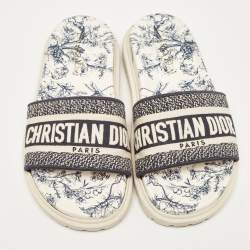 Dior Navy Blue/White Logo Embroidered Canvas Toile De Jouy Dway Slides Size 37.5