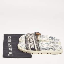 Dior Navy Blue/White Logo Embroidered Canvas Toile De Jouy Dway Slides Size 37.5