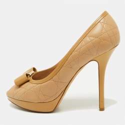 Dior Beige Cannage Leather and Patent Bow Peep Toe Platform Pumps Size 38.5