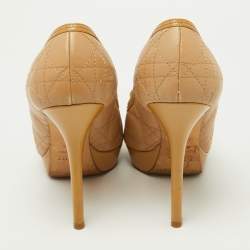 Dior Beige Cannage Leather and Patent Bow Peep Toe Platform Pumps Size 38.5