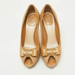 Dior Beige Cannage Leather and Patent Bow Peep Toe Platform Pumps Size 38.5