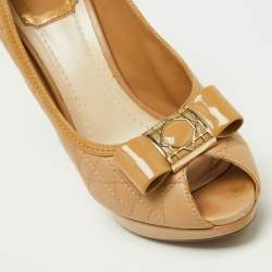 Dior Beige Cannage Leather and Patent Bow Peep Toe Platform Pumps Size 38.5