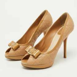 Dior Beige Cannage Leather and Patent Bow Peep Toe Platform Pumps Size 38.5