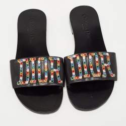 مملوكة مسبقًا Dior Black Leather Diorevolution Flat Slides Size 39  