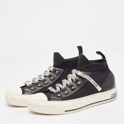 Dior Black Knit Fabric and Leather Walk'n'Dior Mid Top Sneakers Size 37.5