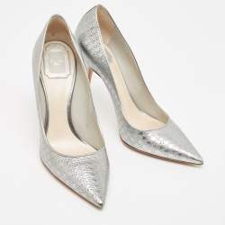 Dior Silver Micro Cannage Patent Cherie Pointed Toe Pumps Size 38.5