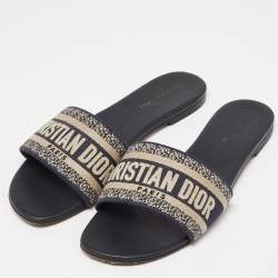 Dior Blue/White Embroidered Canvas Dway Flats Slides Size 40