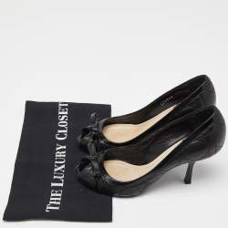 Pre Owned Dior Black Cannage Leather Bow Peep Toe Pumps Size 36.5