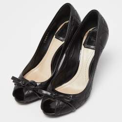 Pre Owned Dior Black Cannage Leather Bow Peep Toe Pumps Size 36.5