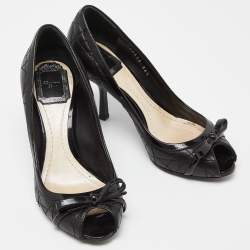 Pre Owned Dior Black Cannage Leather Bow Peep Toe Pumps Size 36.5