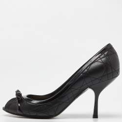 Pre Owned Dior Black Cannage Leather Bow Peep Toe Pumps Size 36.5