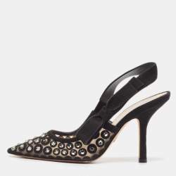 Dior Black Crystal Embellished Suede and Mesh J'adior Slingback Pumps Size 38.5