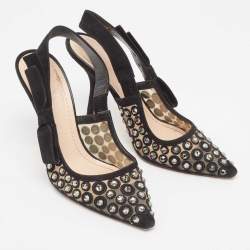 Dior Black Crystal Embellished Suede and Mesh J'adior Slingback Pumps Size 38.5