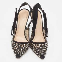 Dior Black Crystal Embellished Suede and Mesh J'adior Slingback Pumps Size 38.5
