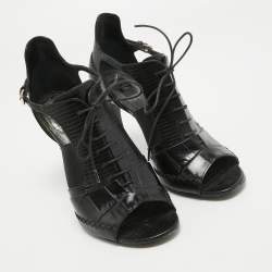 Dior Black Leather and Lizard Embossed Booties Size 38.5   