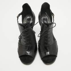 Dior Black Leather and Lizard Embossed Booties Size 38.5   