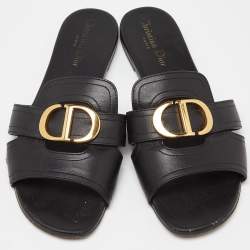 Dior Black Leather 30 Montaigne Flat Slide Sandals Size 39.5