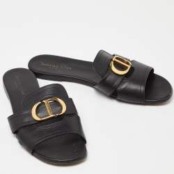 Dior Black Leather 30 Montaigne Flat Slide Sandals Size 39.5