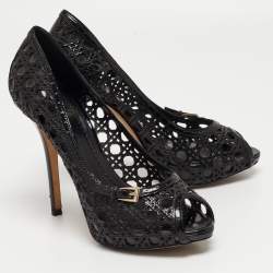 Dior Black Cannage Cut Out Patent Leather Miss Dior Peep Toe Platform Pumps Size 38.5