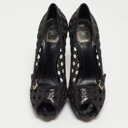 Dior Black Cannage Cut Out Patent Leather Miss Dior Peep Toe Platform Pumps Size 38.5
