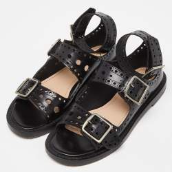Pre Owned Dior Black Perforated Leather Teddy D Buckles Flat Sandals Size 34
