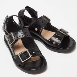 Pre Owned Dior Black Perforated Leather Teddy D Buckles Flat Sandals Size 34