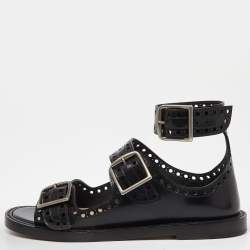 Pre Owned Dior Black Perforated Leather Teddy D Buckles Flat Sandals Size 34