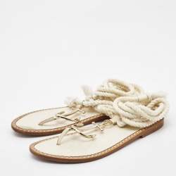 Pre Owned Dior Cream Patent and Leather Ankle Wrap Sandals Size 37