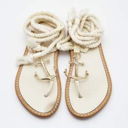 Pre Owned Dior Cream Patent and Leather Ankle Wrap Sandals Size 37