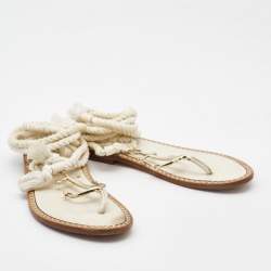 Pre Owned Dior Cream Patent and Leather Ankle Wrap Sandals Size 37