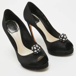 Dior Black Satin Crystal Embellished Peep Toe Pumps Size 37.5