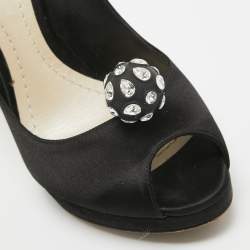 Dior Black Satin Crystal Embellished Peep Toe Pumps Size 37.5