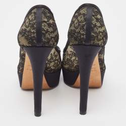 Pre Owned Dior Black Lace and Satin Peep Toe Platform Pumps Size 37.5