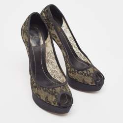 Pre Owned Dior Black Lace and Satin Peep Toe Platform Pumps Size 37.5