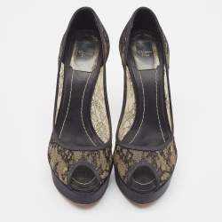 Pre Owned Dior Black Lace and Satin Peep Toe Platform Pumps Size 37.5