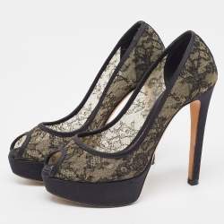Pre Owned Dior Black Lace and Satin Peep Toe Platform Pumps Size 37.5