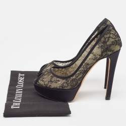 Pre Owned Dior Black Lace and Satin Peep Toe Platform Pumps Size 37.5