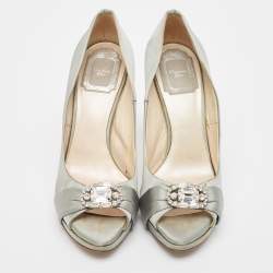 Pre Owned Dior Grey Satin Crystal Embellished Peep Toe Pumps Size 37