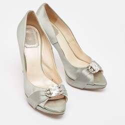 Pre Owned Dior Grey Satin Crystal Embellished Peep Toe Pumps Size 37