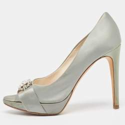 Pre Owned Dior Grey Satin Crystal Embellished Peep Toe Pumps Size 37