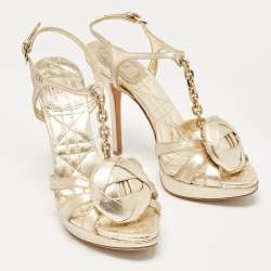 Dior Gold Leather Rose Chain Ankle Strap Platform Sandals Size 37.5