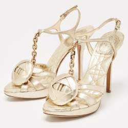 Dior Gold Leather Rose Chain Ankle Strap Platform Sandals Size 37.5