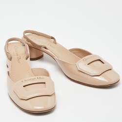 Dior Beige Patent Leather Day Block Heel Slingback Sandals Size 37