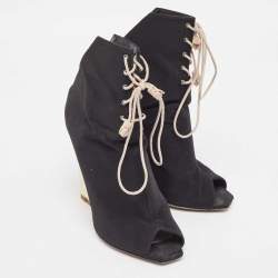 Dior Black Canvas Open Toe Lace Up Ankle Boots Size 37.5