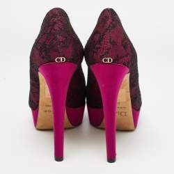 Dior Purple/Black Satin and Lace Peep Toe Platform Pumps Size 39