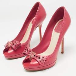 Dior Pink Leather Cannage Bow Peep Toe Platform Pumps Size 38