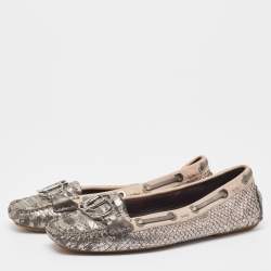 Dior Silver/Beige Python Embossed and Leather Loafers Size 38