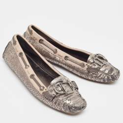 Dior Silver/Beige Python Embossed and Leather Loafers Size 38