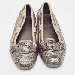 Dior Silver/Beige Python Embossed and Leather Loafers Size 38
