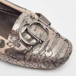 Dior Silver/Beige Python Embossed and Leather Loafers Size 38